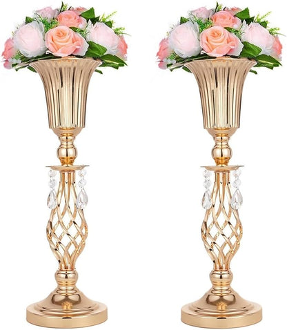 2 Pcs Beaded Crystal Gold Trumpet Vase, Elegant Metal Floral Centerpiece, Perfect for Wedding Banquets, Birthdays, Anniversaries, Holiday Parties and Other Important Event Centerpieces(20.2")