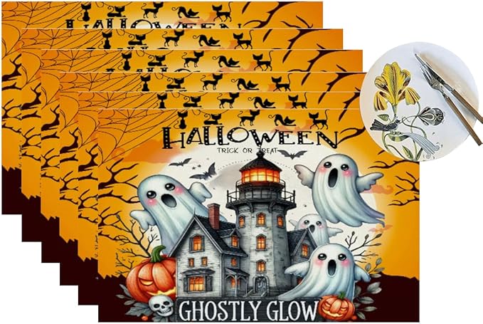 PVC Placemats Set of 6 Wipeable Table Mats Washable Heat Resistant Non Slip Vinyl Dining Table Mat for Kitchen Indoor Outdoor Patio Farmhouse Place Mats Black Halloween Castle Decorative