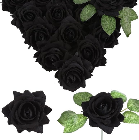 Fake Black Roses Artificial Flowers 16pcs Velvet Artificial Roses Black Flowers 3.15" Silk Roses for Bridal Bouquet Wedding Flowers for Floral Centerpieces Home Party Decor