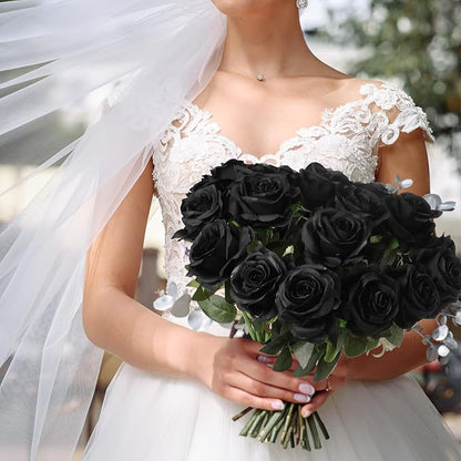 Nubry 24pcs Artificial Silk Roses Bulk,Fake Roses Flower with Stems Realistic Flowers for Wedding Centerpiece Home Party Decor(Black)