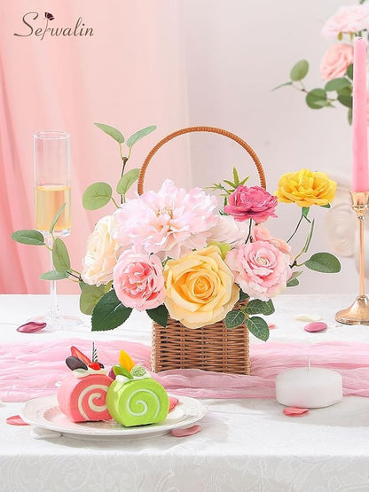 Serwalin Pink Artificial Flowers, Yellow Silk Fake Flowers for DIY Wedding Bridal Bouquets, Wedding Cake Flowers for Table Centerpieces Baby Shower Birthday Party Home Decorations