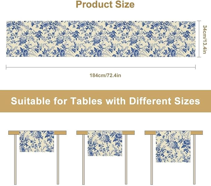 Vintage Blue Floral Table Runner, Retro Country Flowers Botanical Design Table Runner for Kitchen Dining Home Party Outdoor Indoor Decor, 13x90 Inch