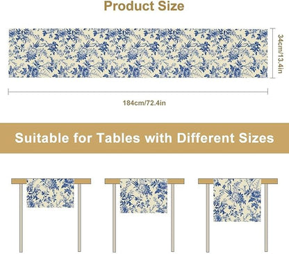 Vintage Blue Floral Table Runner, Retro Country Flowers Botanical Design Table Runner for Kitchen Dining Home Party Outdoor Indoor Decor, 13x90 Inch