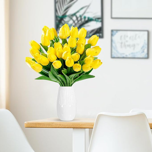 Sggvecsy 15 Pcs Fake Tulips Artificial Flowers Real Touch PU Faux Flowers Tulip Stems for Wedding Spring Bouquet Floral Arrangement Home Party Office Decorations for Mother's Day (Yellow)