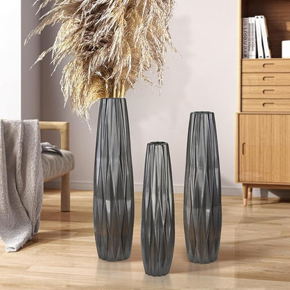 Silvery Ceramic Tall Floor Vase,24 Inch Large Modern Flower Vases for Home Décor,Wicker Big Floor Vases Decorations for Farmhouse, Living Room,Bedroom,Standing Plastic Vase Decorative Tall