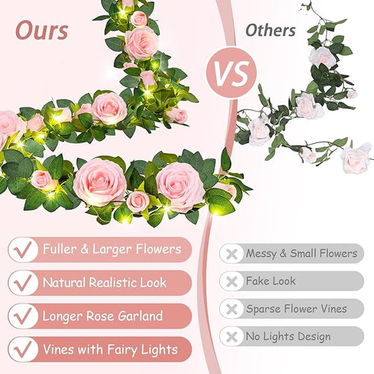 2 Pcs Flower Garland with 19.6 Ft Lights, 13.2 Ft Pink Floral Garland Fake Flowers for Wedding Arch Party Wall Garden Room Decor