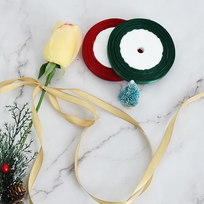TONIFUL 5 Colors Christmas Ribbon 3/8 Inch x 125 yds Thin Satin Ribbon Rolls with Glitter and Solid Color for Gift Wrapping Crafts Bows Ornaments Hanging Christmas Tree Decorations