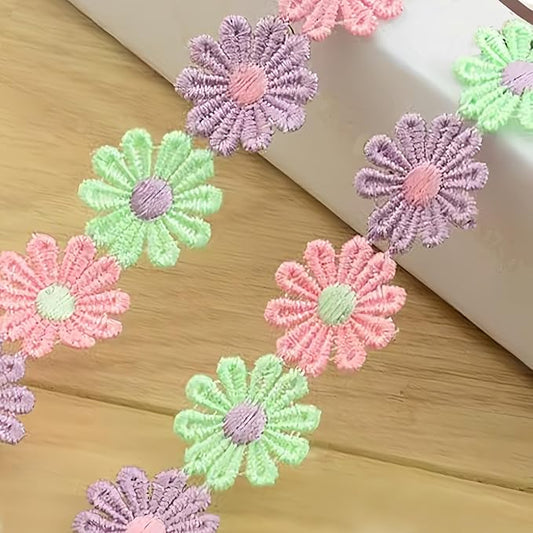15 Yards Daisy Flower Lace Trim Embroidered Floral Lace Sewing Trim Ribbons for Embellishment Craft Dress Hair Accessories Decorations (Pink+Lavender+Light Green, 1" x 15 Yards)