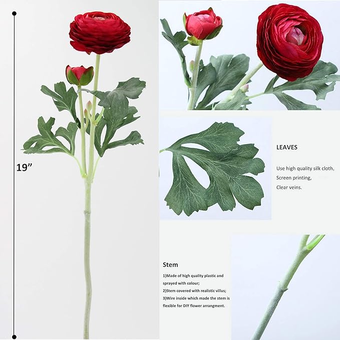 Artificial Ranunculus Flowers with Real Touch Stem, Silk Ranunculus Flowers (Red, 6pcs)