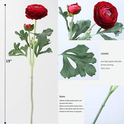 Artificial Ranunculus Flowers with Real Touch Stem, Silk Ranunculus Flowers (Red, 6pcs)