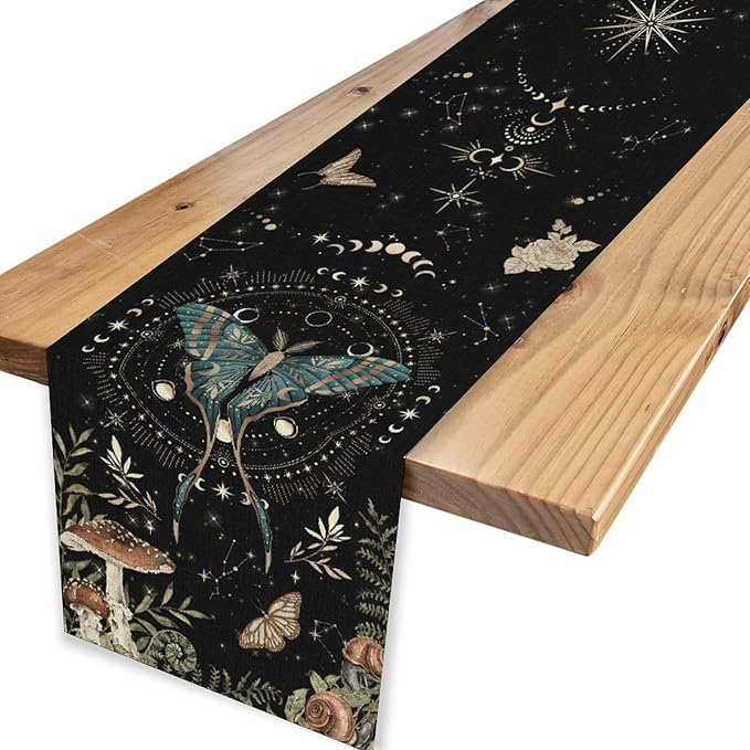 Gothic Moth Table Runner, Boho Gothic Sun Moon Phase Mystical Mushroom Floral Witchy Farmhouse Coffee Table Center Decor for Home Kitchen Dining Patio Holiday Party Table Decorations 13x90 inches