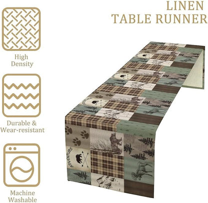 Rustic Moose Deer Bear Table Runner, Retro Vintage Bear Cottage Country Style Cabin Farmhouse Dinner Runner for Home Kitchen Dining Table Decoration 13"x108"