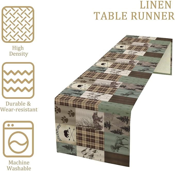 Rustic Moose Deer Bear Table Runner, Retro Vintage Bear Cottage Country Style Cabin Farmhouse Dinner Runner for Home Kitchen Dining Table Decoration 13"x60"