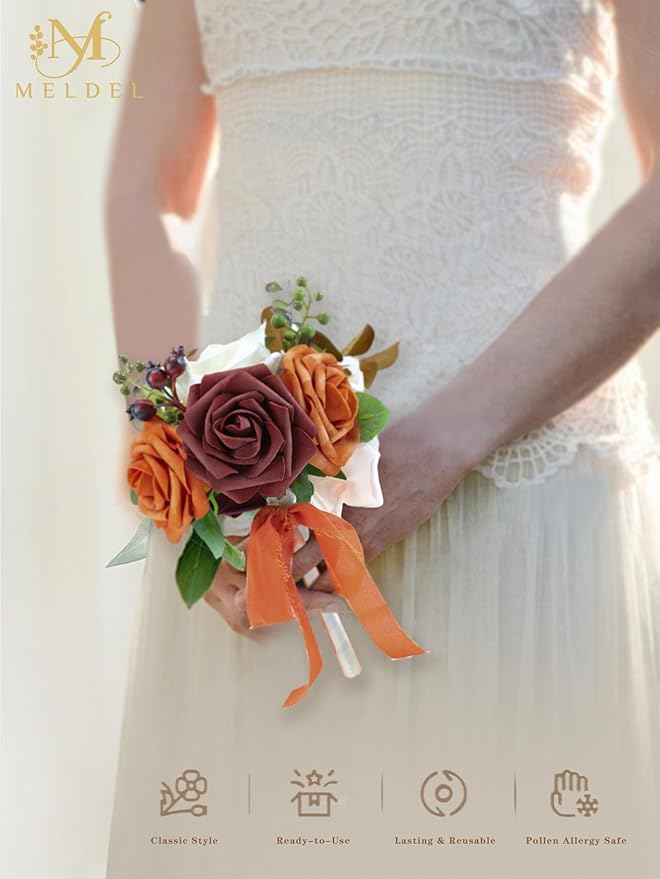 Meldel Burnt Orange Wedding Bouquet Centerpieces Flowers Mini Bridesmaid Bouquets Set of 6 Terracotta Table Decor Pre-Made Small Floral Fall Wedding Decorations
