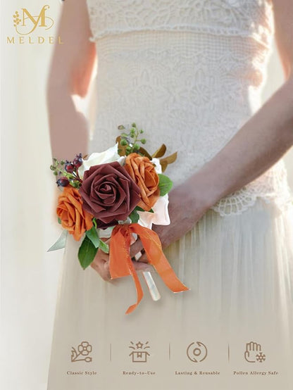 Meldel Burnt Orange Wedding Bouquet Centerpieces Flowers Mini Bridesmaid Bouquets Set of 6 Terracotta Table Decor Pre-Made Small Floral Fall Wedding Decorations