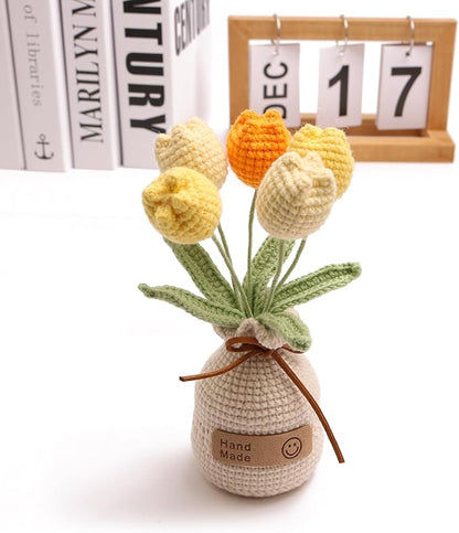 Handmade Tulips, Artificial Plant Crochet Flowers， Tulips Suitable for Home Room, Table, Office Ornaments and Birthday Gifts Suitable for Family and Friends Anniversary (5 Flowers-Yellow)