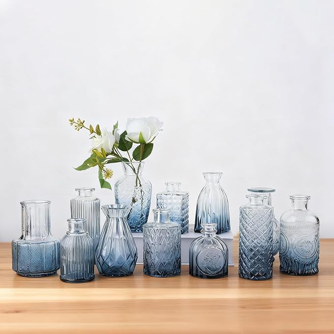 Bud Vases Set of 12, Small Mini Glass Vases for Centerpieces - Elegant Vintage Style - Perfect for Table Decor, Wedding, Party Centerpieces - Great Gift for Home Decor Lovers (Ombre Blue)