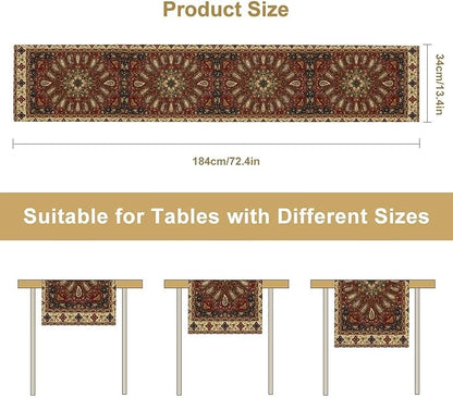 Boho Paisley Table Runner, Classic Traditional Red Gold Mandala Vintage Farmhouse Decor Table Runner for Kitchen Dining Festive Holiday Party Wedding Gathrting, 13x108 Inch