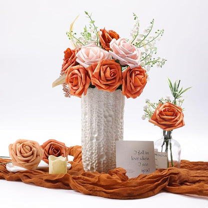 Meldel Artificial Flowers 25pcs Real Looking Burnt Orange Foam Fake Roses with Stems for DIY Wedding Bouquets Bridal Shower Centerpieces Floral Arrangements Home Decorations
