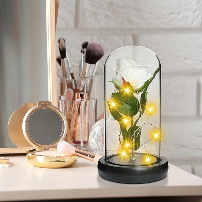 QUELIEN White Roses in Glass Dome,Eternal Rose Gift for Women,Lasts Forever Home Decor,Mother's Day Christmas (White)