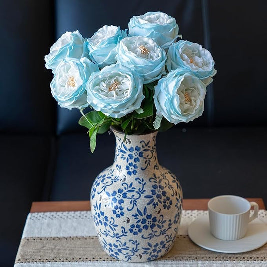 Fake Flowers for Decoration Home Decor Real Touch Artificial Flowers Austin Rose Peony Latex Fake Flower Living Room Decoration Vivid Pink Roses Peonies (Ice Blue 4pcs)