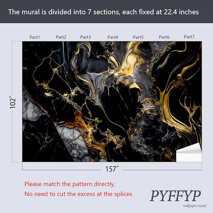 PYFFYP- Abstract Black and Gold Marble Wallpaper murals for Bathroom(Not Peel and Stick)