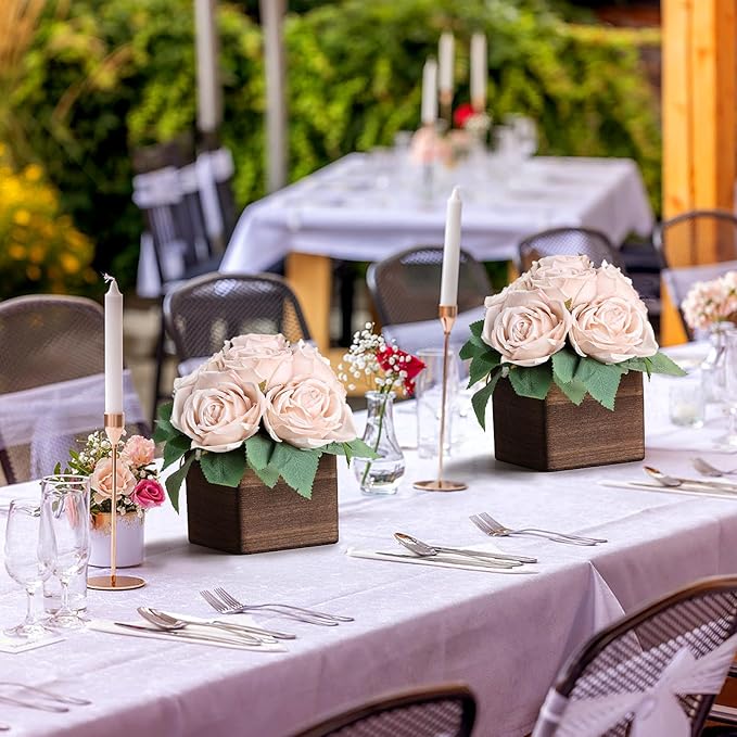 Dining Table Centerpiece Set of 3 - Pre-Made Aritifial Rose with Wooden Vase Fake Floral Arrangment Faux Flower for Wedding Bridal Tea Party Event Decorations - Boho