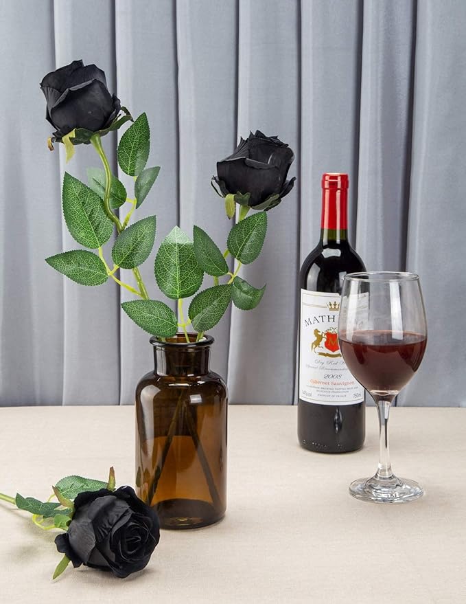 Flojery 10pcs Artificial Rose Flowers Long Stem Fake Silk Roses for DIY Wedding Bouquet Table Centerpiece Home Decor (Black)
