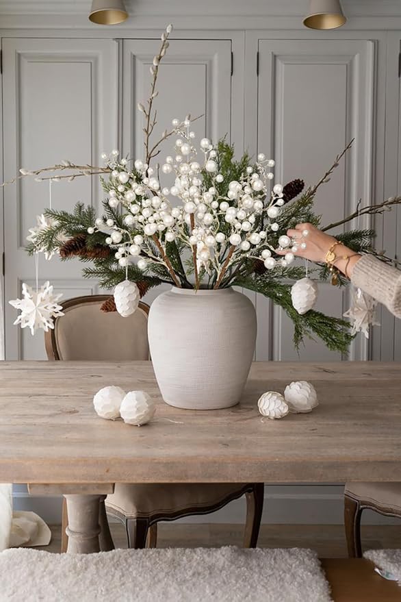 Hollyone 4 Pack Artificial Christmas Glitter Berries Stems, 19 Inch Fake White Holly Berry Picks with Ice Snow for Christmas Tree Wreath Floral Arrangements Holiday Home Vase DIY Crafts Decor