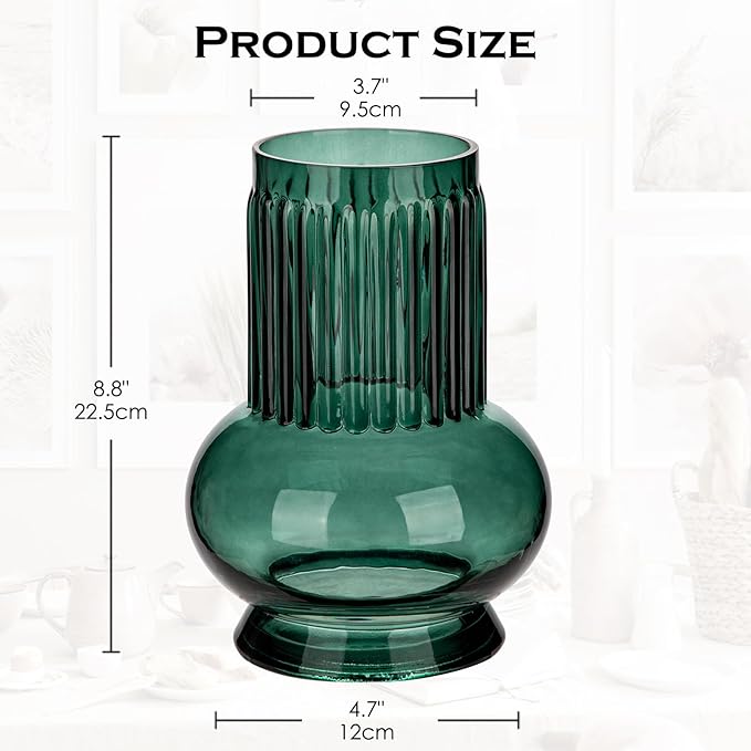 Blue Green Large Glass Vase for Flowers, 7" H x 3.5"/4.7" W Ribbed Vase Modern Wide Mouth Vase Flower Vases Decorative Glass Vases for Centerpieces Mantel Shelf Table Home Decor