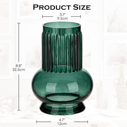 Blue Green Large Glass Vase for Flowers, 7" H x 3.5"/4.7" W Ribbed Vase Modern Wide Mouth Vase Flower Vases Decorative Glass Vases for Centerpieces Mantel Shelf Table Home Decor