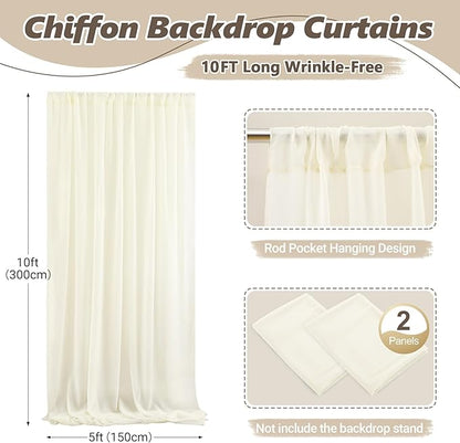 10ft x 10ft Ivory Backdrop Curtain Drapes, Wrinkle-Free Sheer Chiffon Fabric Photo Background Panels for Wedding Arch Party Ceremony Stage Photography Decorations