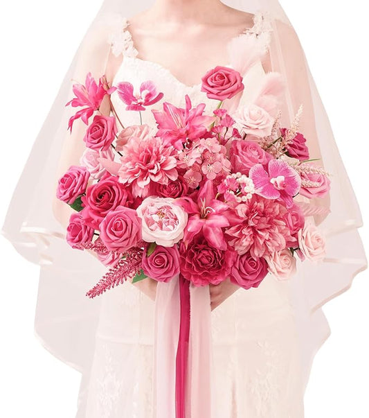 TINGE TIME 17 Inch Artificial Bridal Bouquet Realistic Silk Wedding Bouquet, Durable Fake Flowers for Brides, Bridesmaids, Home Decor, and Events (Hot Pink)