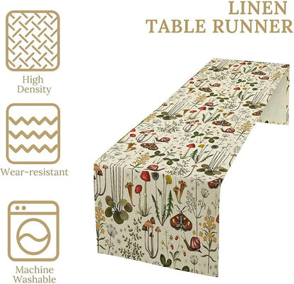 Vintage Mushroom Table Runner Rustic Farmhouse Wildflower Botanical Herbs Table Runner Boho Nature Plants Spring Summer Seasonal Dinner Runner for Home Kitchen Holiday Party Decor 13x90in