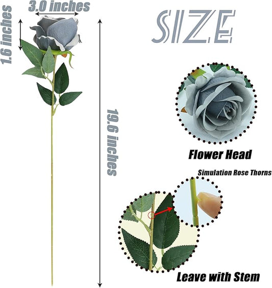 SITUMEIZI 15PCS Artificial Roses Silk Flowers Fake Roses Realistic Bouquet Long Stem with Gift Box for Mother's Gift Day Home Party Wedding Decorations(Silver)