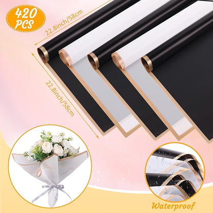 Yahenda 420 Sheet Flower Wrapping Papers Flower Bouquet Paper with Gold Edge Korean Style Bouquet Wrapping for Floral Supplies Wedding Anniversary DIY Gifts, 23 x 23 Inch(Black, White)