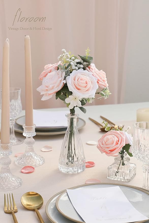 Floroom Artificial Flowers 25pcs Real Looking Blush Shades Foam Fake Roses with Stems for DIY Wedding Bouquets Bridal Shower Pink Centerpieces Floral Arrangements Party Tables Home Decorations