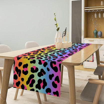 Rainbow Leopard Skin Print Table Runner, Wildlife Colorful Neon Cheetah Dots Dinner Runner Table Decoration for Farmhouse Home Kitchen Dining Table Party Holiday Decor 13x120in