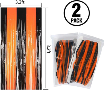 Melsan Halloween Decorations Tinsel Backdrop Foil Fringe Curtains, 3.2 ft x 8.2 ft Black Orange Metallic Foil Curtains for Halloween Party Photo Booth Props Decorations, 2 Pack