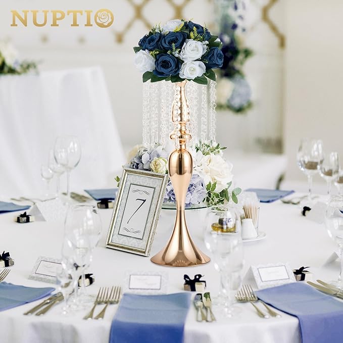 NUPTIO Artificial Flower Centrepieces for Tables - 10 Pcs Navy Blue & White Fake Flowers Roses Balls 9.5in Diameter - Silk Faux Rose Arrangement for Wedding Party Centerpiece Table Decorations