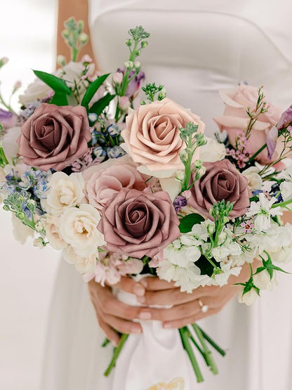 MACTING Artificial Flower Roses Real Touch Fake Flowers with Stem 30PCS Foam Roses for DIY Wedding Bouquet Table Centerpieces Party Holiday Home Spring Valentines Day Decorations(Warm Taupe Nude)