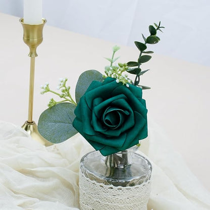 Artificial Flowers, 25pcs Hunter Green Artificial Rose for DIY Wedding Bouquets Centerpieces Arrangements, Fake Flower with Stem for Party