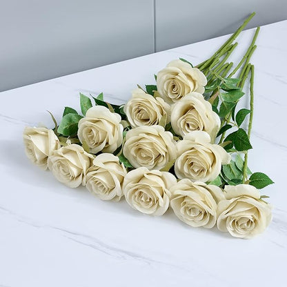 12pcs Roses Artificial Flowers Fake Rose Beige Silk Roses Tan Silk Flowers Rose with Long Stems for Wedding Home Party Centerpieces Decorations