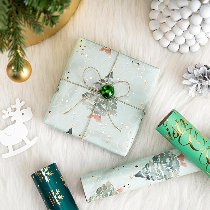 WRAPAHOLIC Christmas Wrapping Paper - 3 Rolls, 17 Inch X 120 Inch Each - Green Foil Christmas Tree, Snowflake Designs with Metallic Shine - Perfect for Christmas, Holiday
