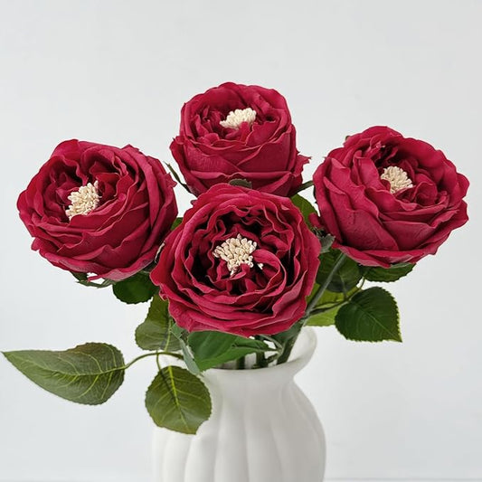 YalzoneMet 3.5'' Big Bloom Red Rose Artificial Flowers 4Pcs Real Touch Rose Faux 17.7 Inch Long Stem Austen Roses Peonies Fake Flowers for Home Kitchen Party Christmas Flower Wedding Decor