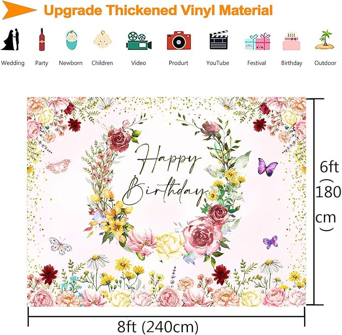 InMemory Spring Wildflower Backdrop Wild flower Birthday Decorations for Girl,Watercolor Butterfly Floral Happy Birthday Banner Background for Wildflower 1st Bday Party Supplies Photobooth Props 8x6ft