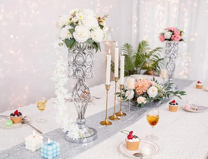 20in Metal Crystal Wedding Centerpiece Vases for Tables Set of 2, Silver Trumpet Flower Vase Stands for Wedding Party Reception Dining Room Living Room Décor