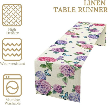 Hydrangea Table Runner, Spring Summer Watercolor Purple Floral Seasonal Country Farmhouse Coffee Coffee Table Center Decor for Home Kitchen Dining Patio Holiday Party Table Decorations 13x72 inches