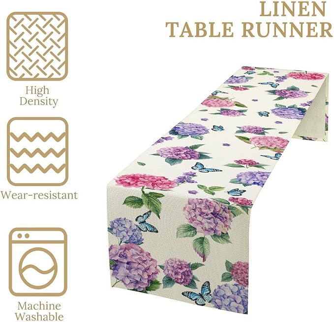 Hydrangea Table Runner, Spring Summer Watercolor Purple Floral Seasonal Country Farmhouse Coffee Table Center Decor for Home Kitchen Dining Patio Holiday Party Table Decorations 13x108 inches
