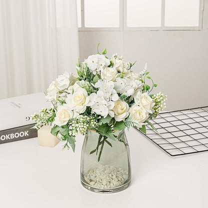 Artificial Flower 5 Branches Artificial Silk Fake Flowers Bouquet Small Roses for Wedding Home Office Tables Decor 4 Packs(White)